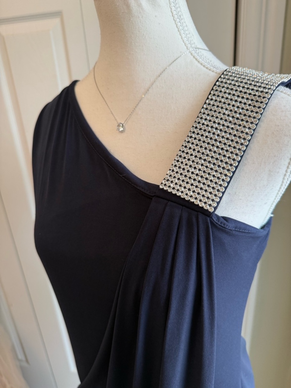 Karina Navy One-Shoulder Evening Gown with Crystal Strap - Picture 3 of 12